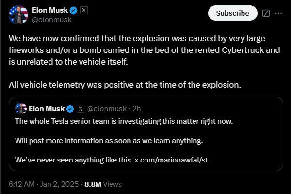 Explosión de camión Tesla en Las Vegas mata a 1 y hiera a 7